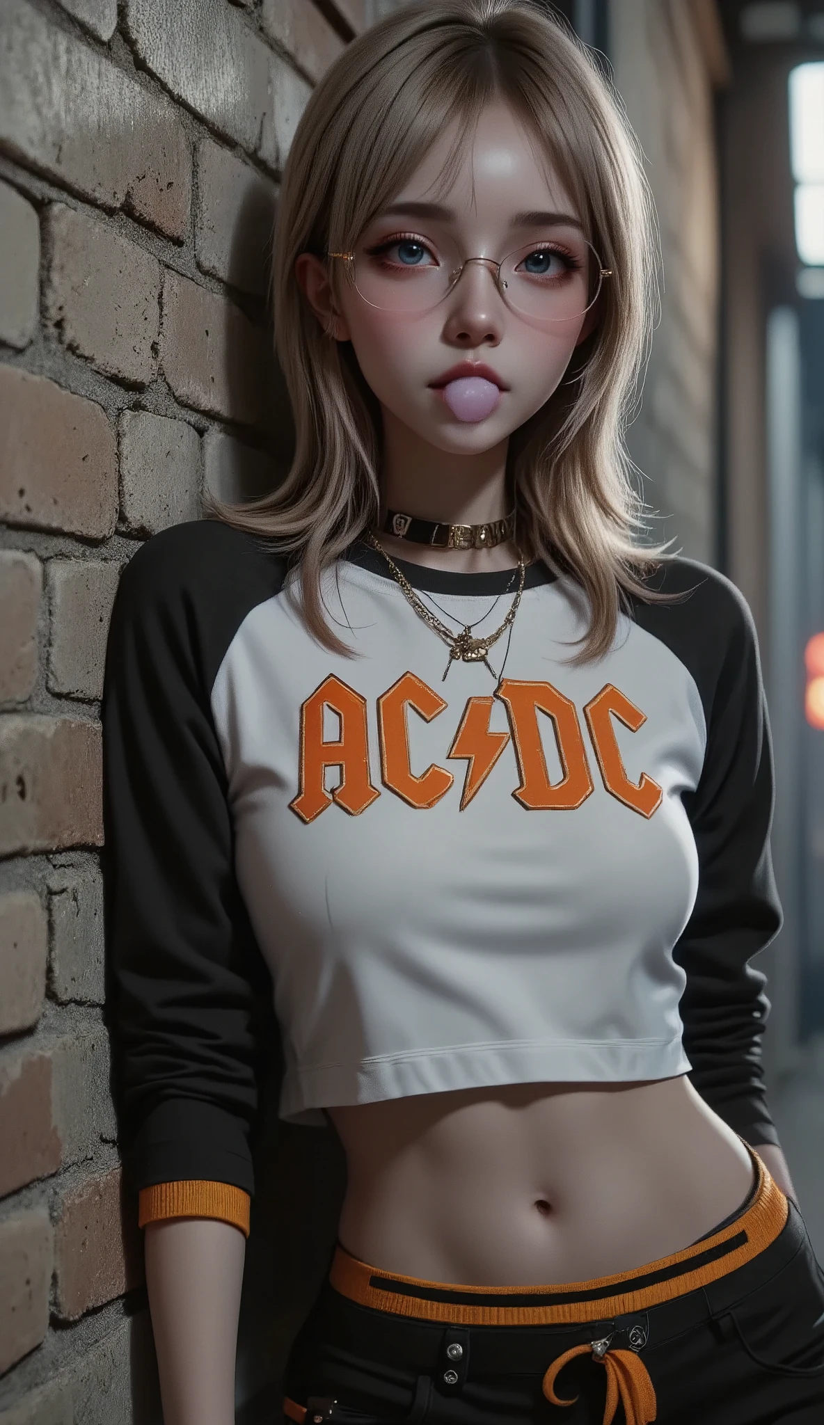 a woman from the United States , con una  bubble gum  en la boca apoyada contra una pared de ladrillos,  wears glasses almost at the end of her nose ,  bubble gum  , Light brown hair ,  she is leaning with her shoulder on the brick wall , AC sweatshirt /DC ,  gold necklace with a dolphin as a figure ,  wide black hip hop pants with orange stripe  ,A photograph of Drew Tucker , Em Tendência No Pexels , Painted,  cute casual clothes for the street ,  crop top, with a crop top, She is wearing a crop top, woman in street clothes , pretty woman, jeans and t-shirt, 9 0 s vibe,  wearing short tops , She is wearing street clothes