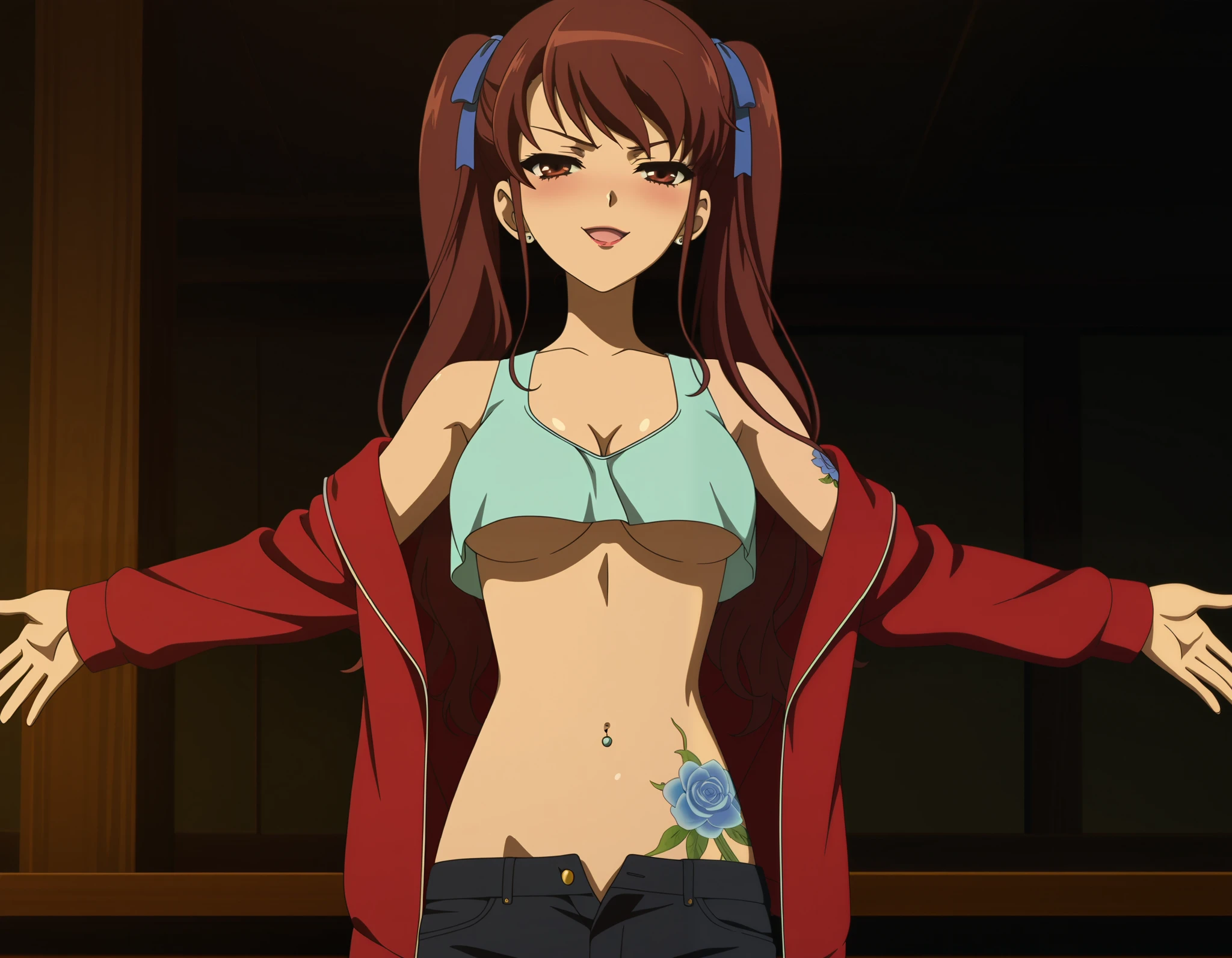 1girl,  medium breasts, akazawa izumi, brown hair, long hair, twintails, blue hair ribbon, brown eyes, (anime coloring:1.5), ear piercing, long hair, blush, lipstick,Hot girl, baddie, smoking, bad attitude, mean girl, sensual, attractive, bar background, inside bar,indoors, masterpiece,high quality,4k, bare shoulder,belly,crop top,holding pistol,cleavage, unbuttoned shirt,shirt, knot, indoor,smile, open mouth, (nsfw) not safe for work, evil expression, exposed belly, exposed navel, exposed midriff, exposed lower belly, crop top overhang, underboob,jacket, unbuttoned jeans , low rise black jeans, Low rise jeans, Low rise jeans with open fly, tattoo on body, flower tattoo, dragon tattoo,navel piercing , shiny skin,open arms sideway, arms T-pose, smirk, standing, anime girl T posing