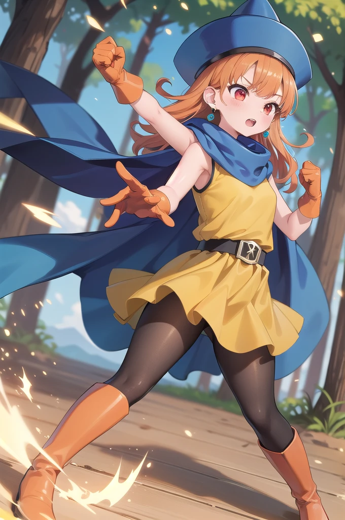 masterpiece、 top quality、 super detailed、、 1 girl、DQ4-ALENA、forest、Fighting Pose、 dynamic angle、 black pantyhose、 Blue Cloak、 blue hat、 boots、Curly Hair、 earrings for a woman alone、 long hair、Orange gloves、 orange hair、 red eyes、 sleeveless、yellow dress、 yellow skirt 、