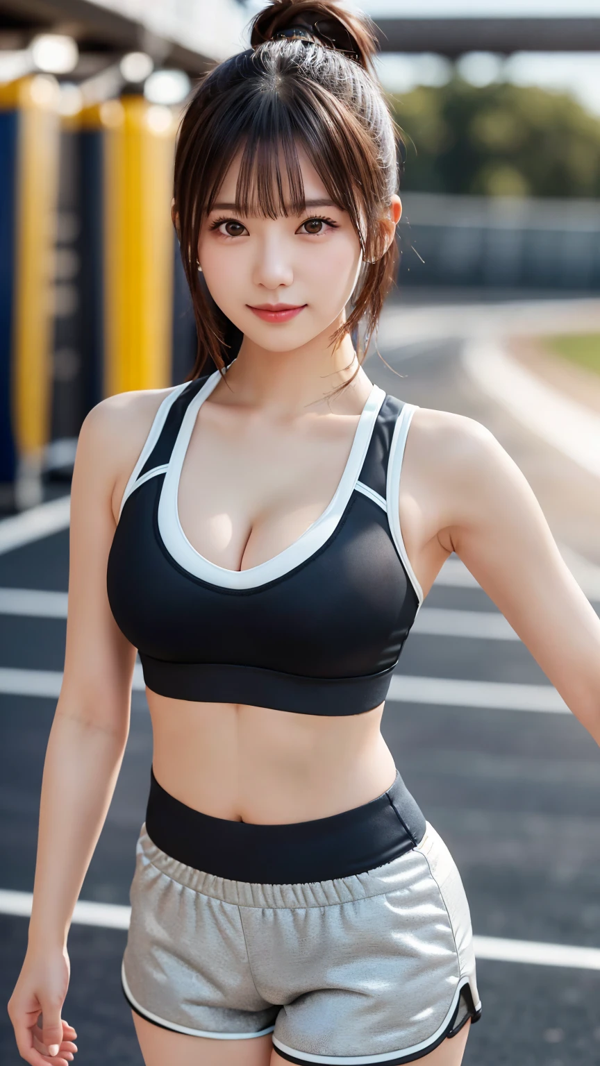 ( sports bra and shorts : 1.5), (race venue background  : 1.5), (Delicate and realistic hair, Realistic black Hair), bangs, smile, ((white indoor)), ( 18 year old female : 1. 2), young and adorable Japanese face, Official Art, high definition CG Unity 8k wallpaper,Ultra high definition ,Very detailed, half photos with Brazil, high definition , Kodak Portrait 400, film grain , lens flare glow, best quality,8k, as a portrait shot,8k, Show viewer , ((masterpiece)), (( best quality)), ( super detailed), ((cute)), (( sexy)), (( Very detailedな)), (detailed clothing features), (beautiful), Illustration, beautiful Japanese woman, ((1 female)), (Bold Cleavage : 1.3)