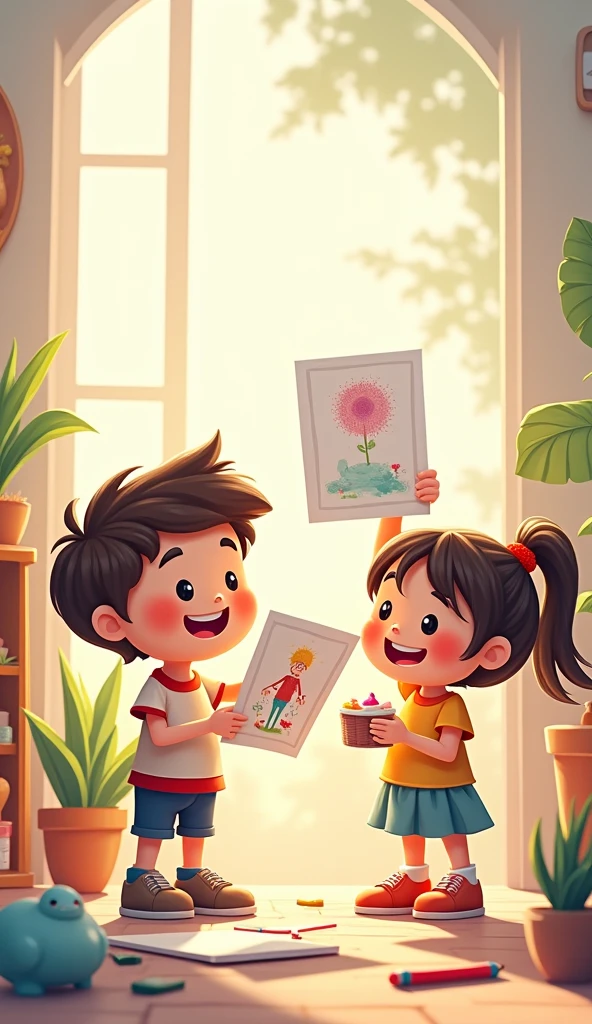 Create an image about a boy and a girl of approximately working as a team making a mural on a poster board