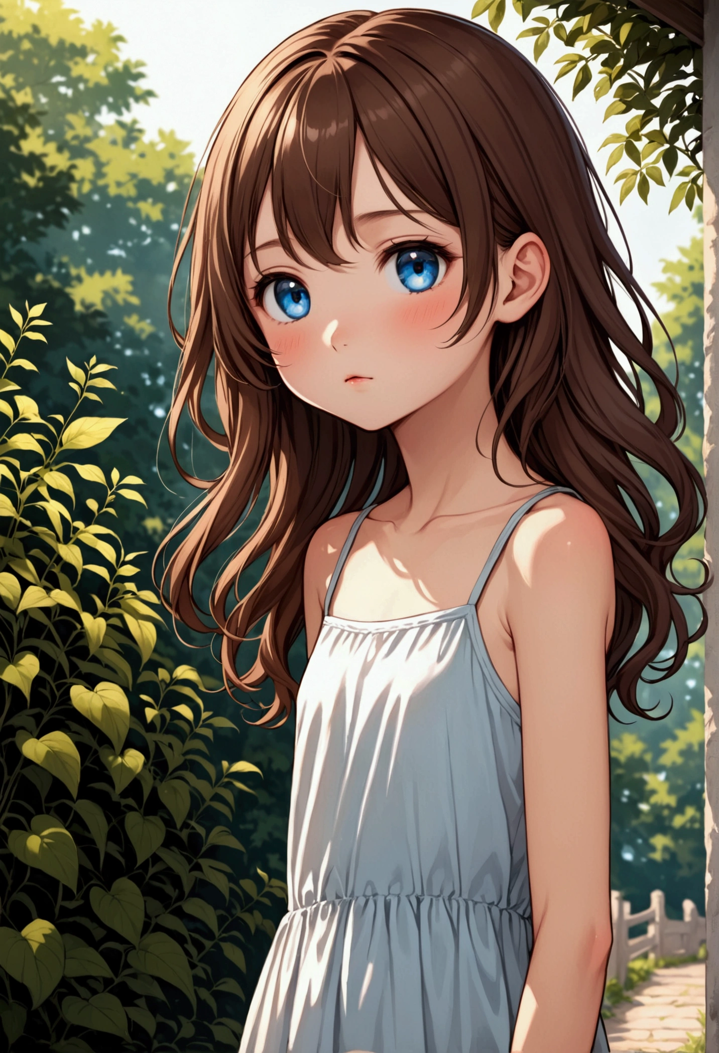  Young  girl , Skinny girl of short stature,  fair but slightly blushed skin ,  long slightly wavy brown hair,  light blue eyes, cute features, delicate and thin ,   girl, clothes is