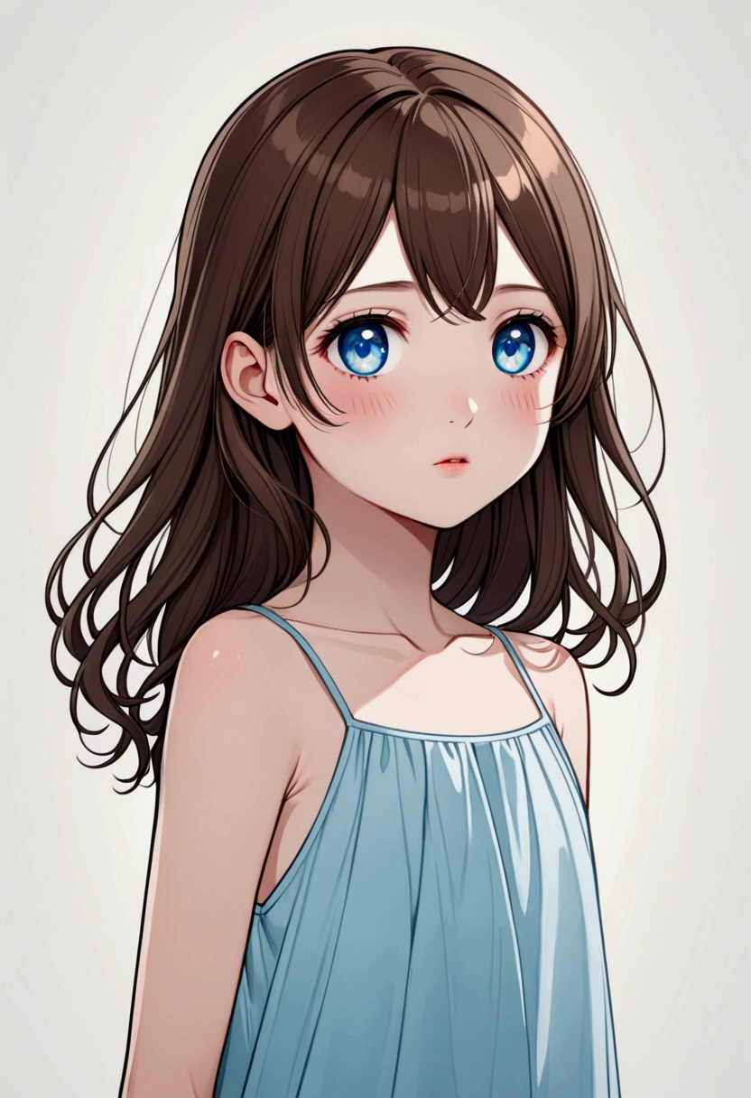  Young  girl , Skinny girl of short stature,  fair but slightly blushed skin ,  long slightly wavy brown hair,  light blue eyes, cute features, delicate and thin ,   girl, clothes is