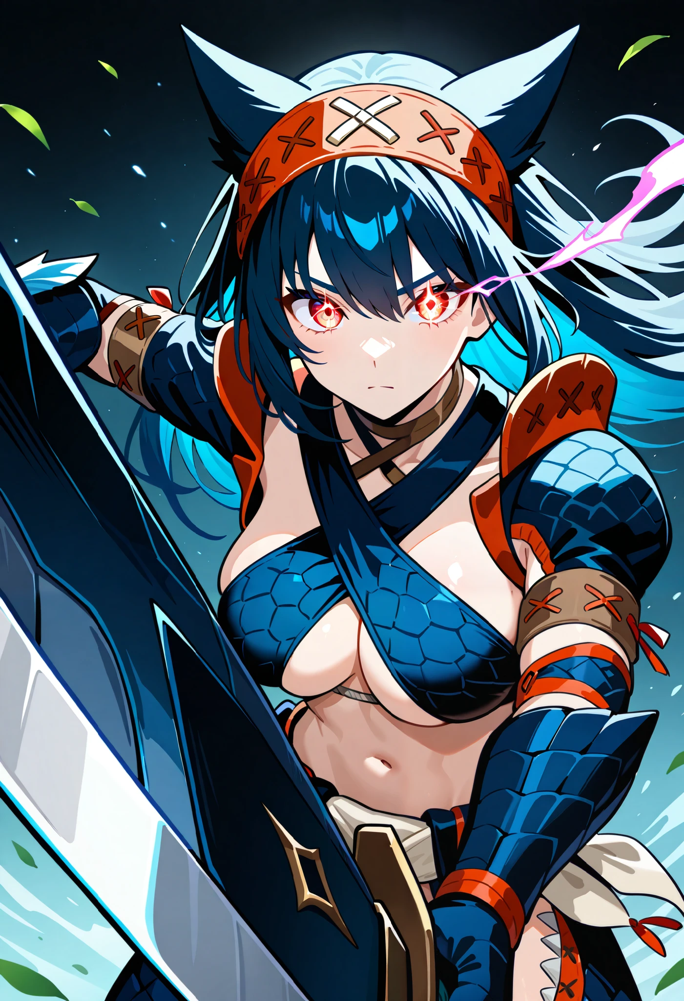1girl, monster hunter\(character\), monster hunter\(series\). An illustration of a girl with black hair and red eyes. She is wearing a black armor. She glares at the man and slashes at him with his sword. sensitive, close-up, foreshortening, looking at viewer, breasts, nargacuga\(armor\), animal ears, criss-cross halter, holding sword, incoming attack, eye trail, serious, falling leaves, black background, masterpiece, best quality, very aesthetic, absurdres