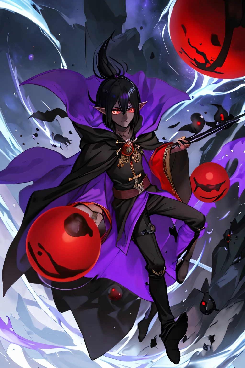 masterpiece, best quality, chibi,  Izuku Midoriya as the grim reaper wearing plague doctor's clothes wielding a scythe on a cementary under the crimson moonlight