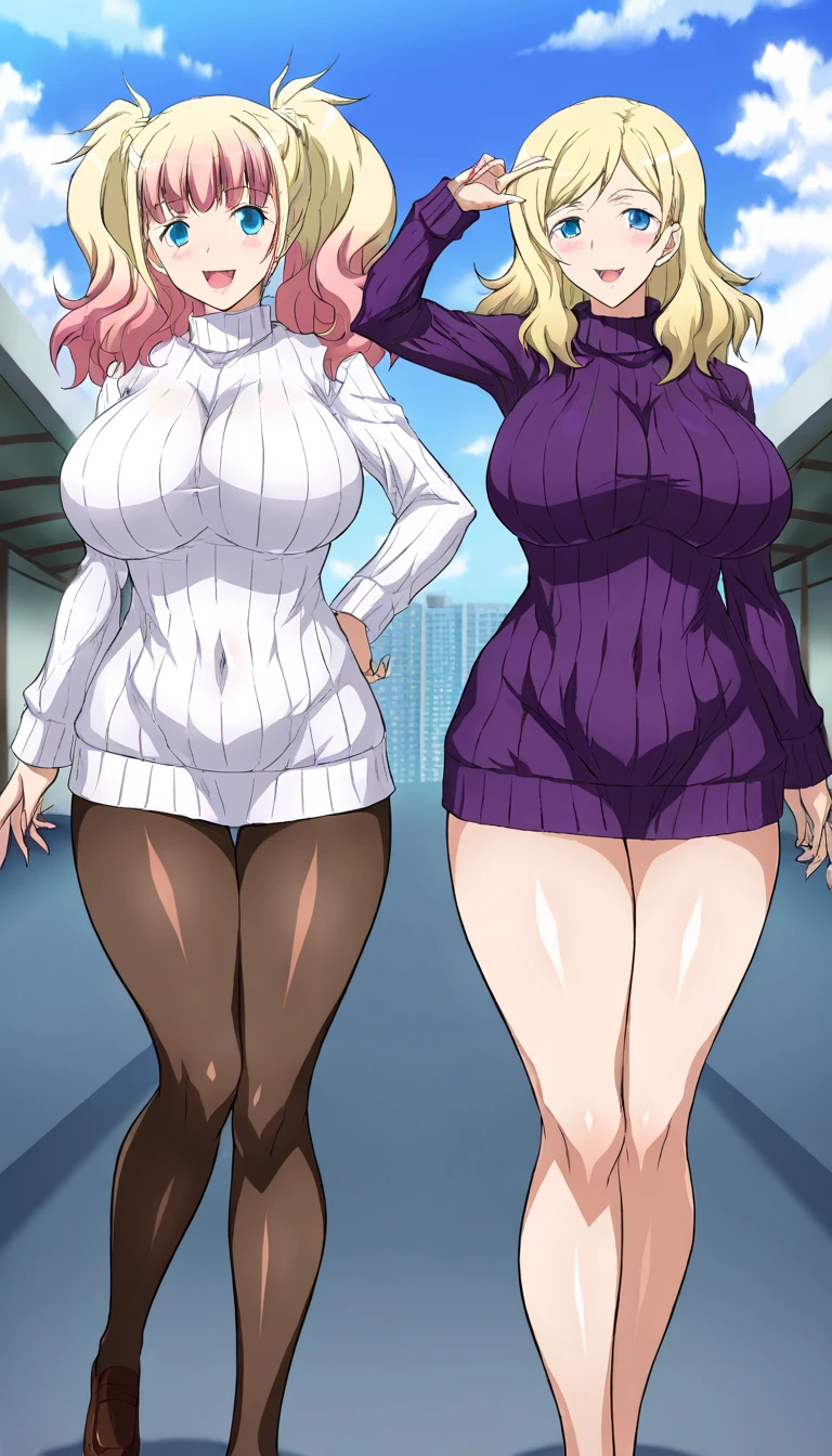  score_9,        score_8_up,        score_7_up,        score_6_up,        score_5_up,        score_4_up,  source_Anime, tag1,  tag2,   最    High Quality   ,        High Quality ,        Details,   1 girl ,Yariko  (JK Bitch ni Shiboraretai), blonde to pink hair, two tone hair, high twintails, medium hair, blue eyes, improve　, 2girls,   couples after insertion , , (Hip length sweater:1.4) ,walk,  One Beautiful Raised Cheek , Alone,  medium hair up to buttocks , Wavy hair in front of the station , (:1.2), Big Breasts, Standard weight, smile:1.2, :1.4,  open your mouth  ,  dynamic poses  , Beautiful scene,  Spectacular Panoramic Scenery 