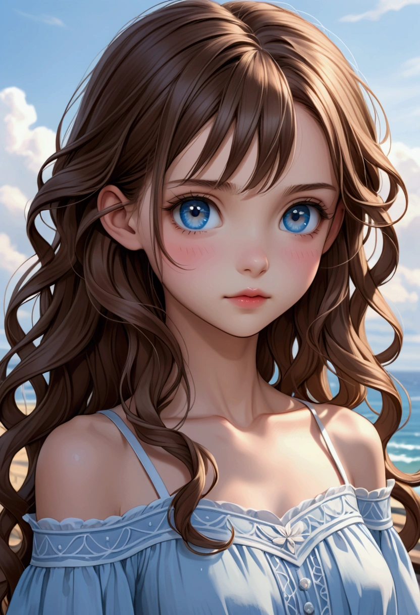  Young  girl , Skinny girl of short stature,  fair but slightly blushed skin ,  long slightly wavy brown hair,  light blue eyes, cute features, delicate and thin ,   girl, clothes is