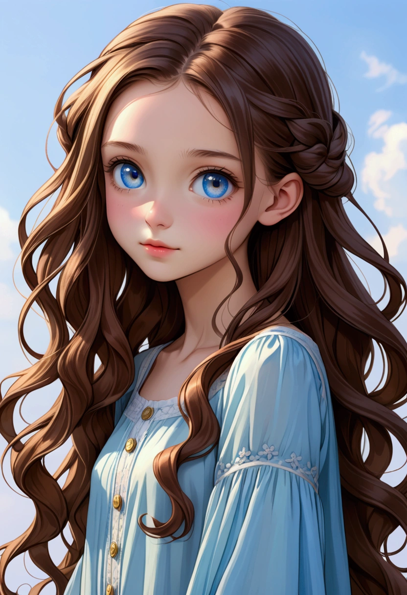  Young  girl , Skinny girl of short stature,  fair but slightly blushed skin ,  long slightly wavy brown hair,  light blue eyes, cute features, delicate and thin ,   girl, clothes is