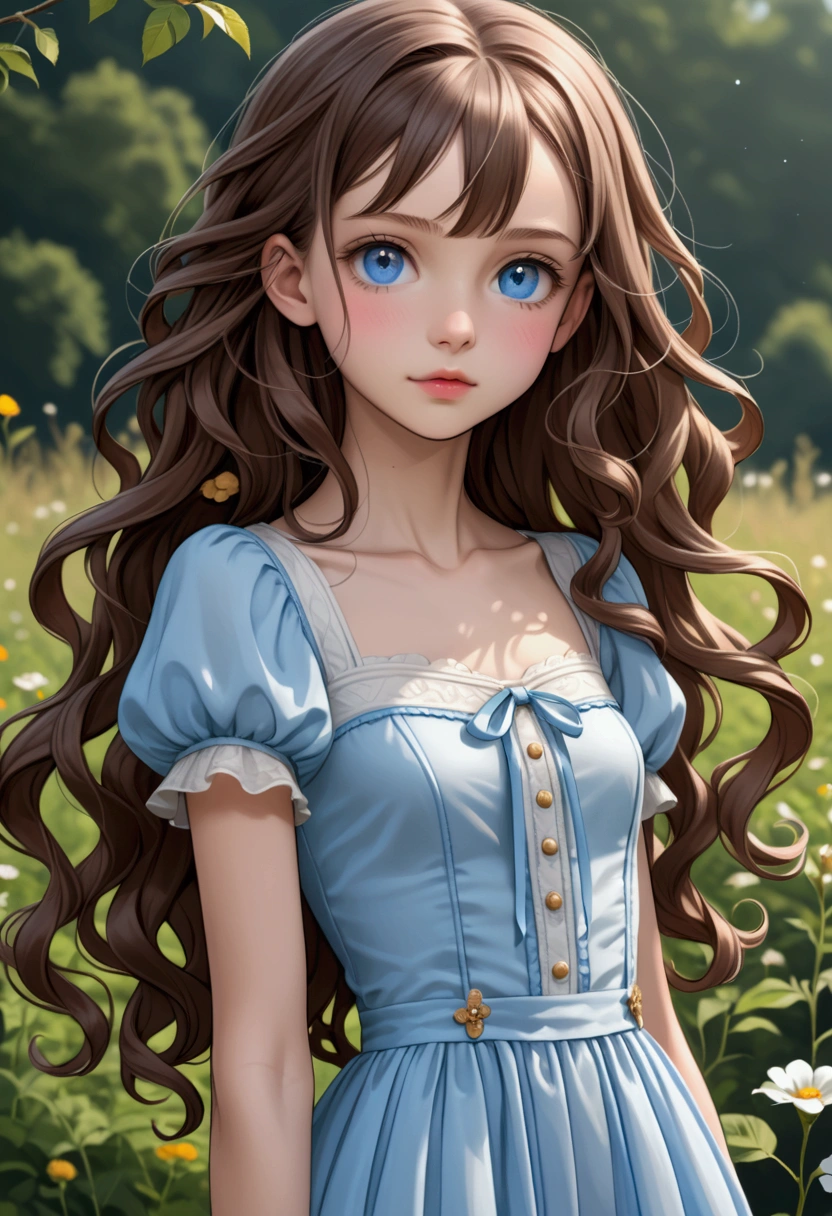  Young  girl , Skinny girl of short stature,  fair but slightly blushed skin ,  long slightly wavy brown hair,  light blue eyes, cute features, delicate and thin ,   girl, clothes is