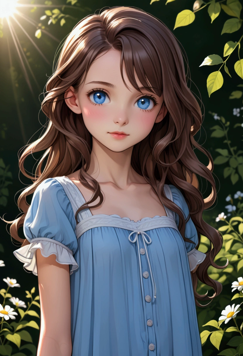  Young  girl , Skinny girl of short stature,  fair but slightly blushed skin ,  long slightly wavy brown hair,  light blue eyes, cute features, delicate and thin ,   girl, clothes is