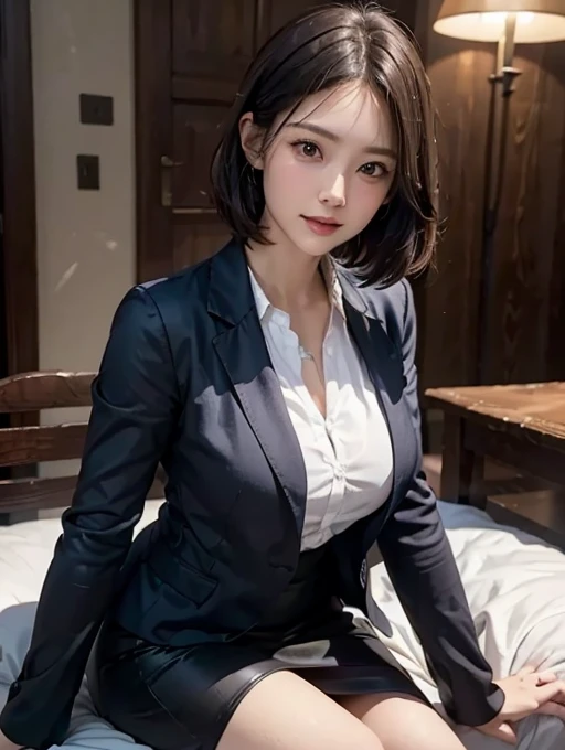 (masterpiece:1.2),(8K high quality), (highest quality), (reality), (It&#39;realistic:1.37), Big eyes,long eyelashes,Precise action and realistic style）,ultimate face,It&#39;realistic, Light and shadow,, high detail skin,reality skin details,（Super detailed）,straight short hair, ,（（Full body photo shoot））,（（少し離れたところからFull body photo shoot））, Only one woman in her 30s, cute type ,(Beautiful face with double eyelids), (realism: 1.4),(beautiful face 1.4),thin, (In office lady appearance&#39;blouse and skirt:1.2),((at the company office)),medium hair,,((In office lady appearance suit and short skirt)),very beautiful legs,(((sitting))),((smile at the audience)),,very charming smile,,((Wearing a suit jacket and shirt blouse））,（spread your legs and show me your panties）, I like to show my crotch to my viewers, I&#39;man wearing black panties, （sit with both knees up, Very beautiful legs, The color of the pants is black, suit jacket is gray