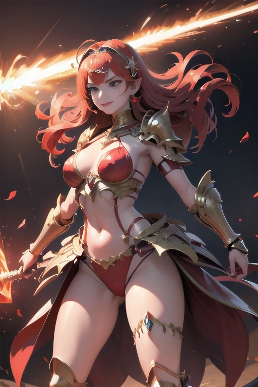 Ultra hd, 8k quality, a girl, happy, very long hair, detailed eyes, glossy lips, red Crystalline dress, red crystals, bare stomach, reflecting lights on crystals, spreading lights, attractive pose, whole body capture