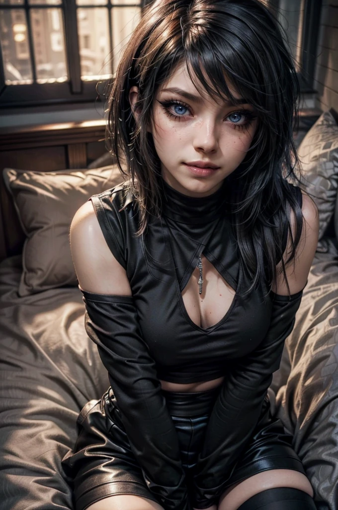 a beautiful young woman with short black emo-style hair, wearing a black semi-open business shirt, a ruffled leather skirt, knee-high stockings, and leather boots, navel piercing, sitting in a butterfly pose on a bed, mascara, smokey eyeshadow, dark eyeliner, (best quality,4k,8k,highres,masterpiece:1.2),ultra-detailed,(realistic,photorealistic,photo-realistic:1.37),highly detailed portrait,dramatic lighting,soft focus,warm color tones,detailed facial features,beautiful detailed eyes,beautiful detailed lips,extremely detailed eyes and face,long eyelashes,sensual expression,moody atmosphere,luxurious bedroom interior,silk bedsheets,aesthetic,fashion photography,editorial style