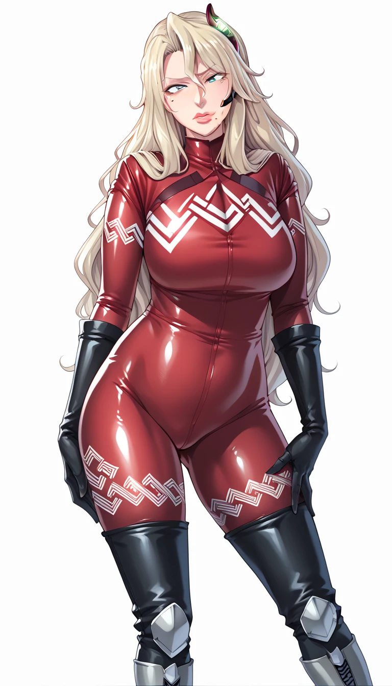 score_9, score_8_up, score_7_up, score_6_up, uncensored,  BREAK, cowboy shot, 
transparent background, Eliza Perlman, 1girl, mature female,
blonde hair, long hair, lips, blue eyes, mole under eye, mole under mouth, headset,
black bodysuit, red bodysuit, black gloves, knee boots
red bodysuit, red shorts, bike shorts, black gloves, knee boots