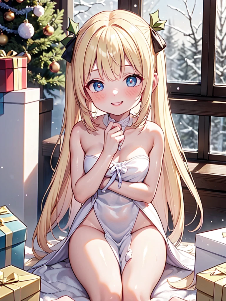 {Highly detailed}, {sharp focus}, Volumetric Lighting, expressive eyes, perfect face, christmas costume, naked, A bright smile crouching naked, ((she inside a present box)), next to the christmas tree, Whole body covered in cream, tie the body with a ribbon, Snow is falling outside the window, elaborately drawn background