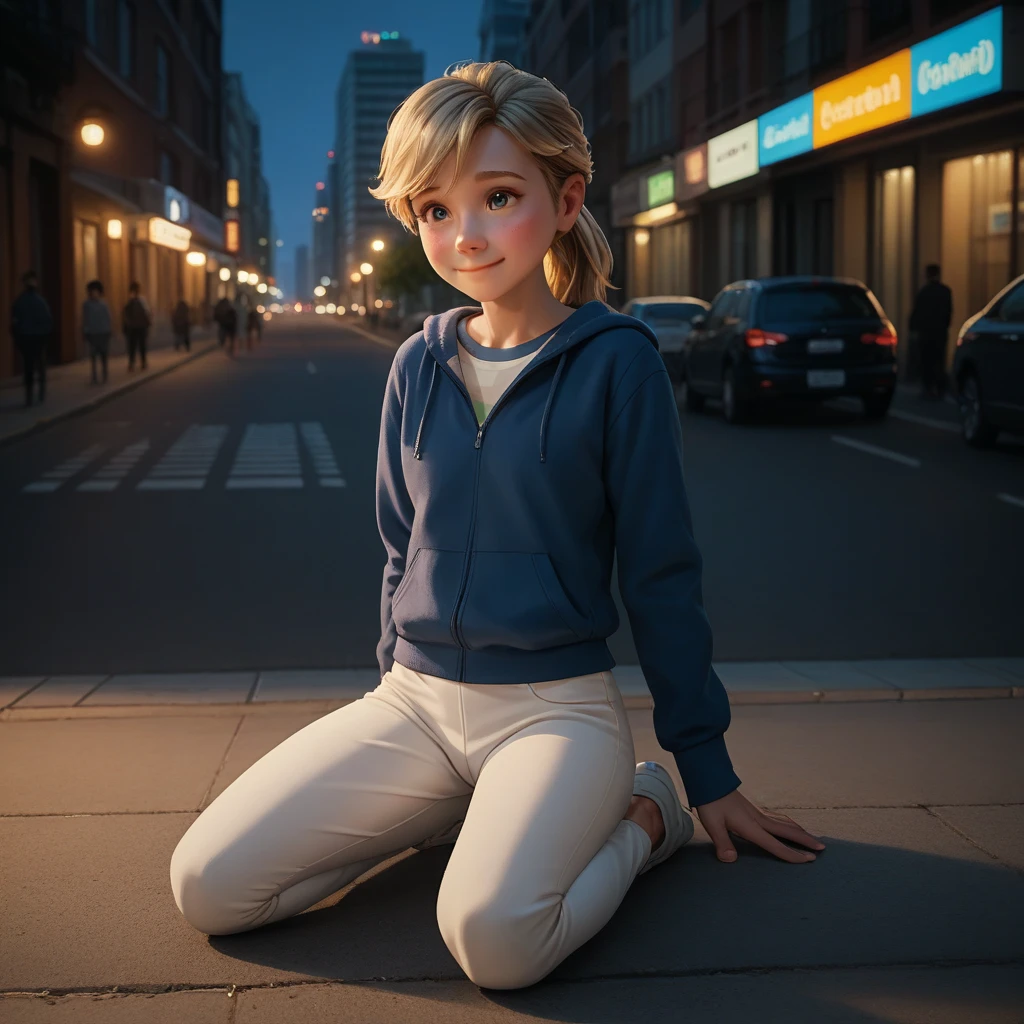 score_9, score_8_up, score_7_up, score_6_up, score_5_up, score_4_up, Ri_ley2, 1girl, blond hair, smiling face, cute face, eyeliner,  ponytail, portrait, blushing, white trousers,  legs,  kneeling,  cameltoe, ass outline, city Amsterdam night