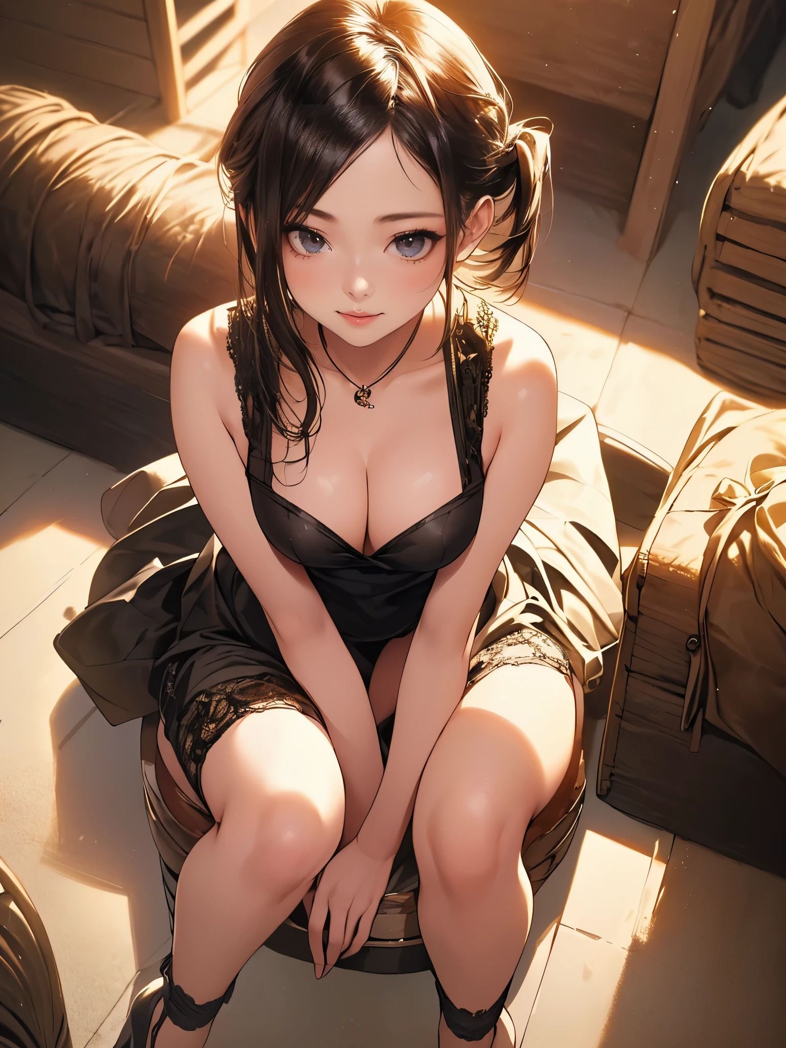 Anime Looking Down Bare Feet Slender Body Indoor By the Window Night Smile Drinking Black Hair Thick Coating 2 Stories Agura