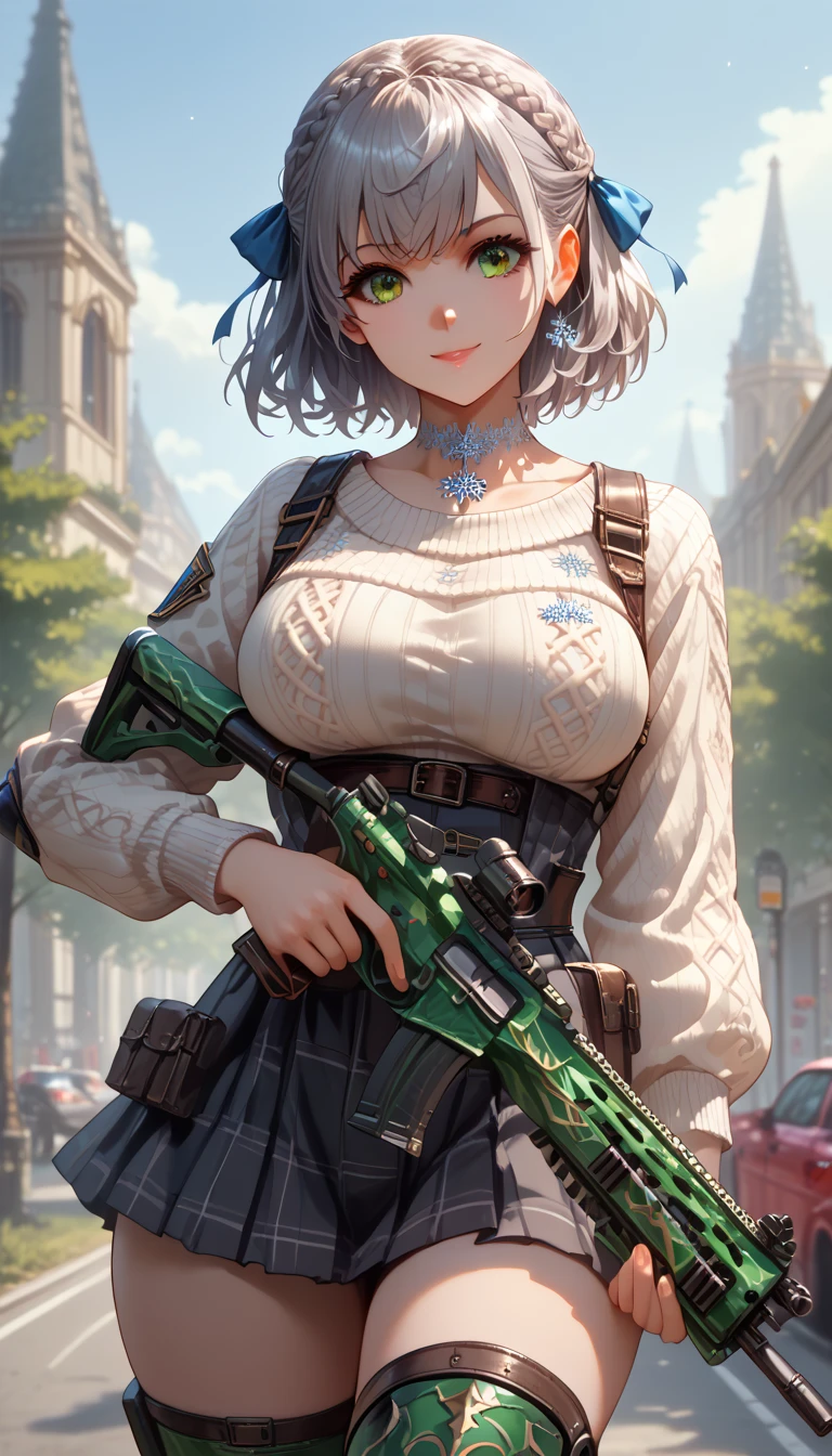 ultra-detailed, 1girl, solo, shirogane noel, (masterpiece)), (best quality), (highres), 16K, braid, french braid, green eyes, grey hair, hair ribbon, ribbon, short hair, snowflake choker, wavy hair, mole, mole on breast, official alternate hairstyle, sweater, tactical belt, high-waist skirt, knee pads, busty body, large breasts and a beautiful ass, showcasing cleavage, legs, hips, (holding assault rifle), looking at viewer, detailed face, smile, detailed hair, detailed full body, street background