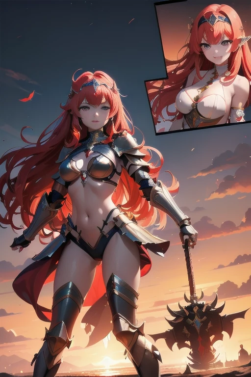 Mature woman, strong, dark skin, black bikini, cape, long red hair, large breasts, large thighs, can dynamic, heroic weight, fantasy, medieval, desert, sun, blue sky, well detailed brightness.