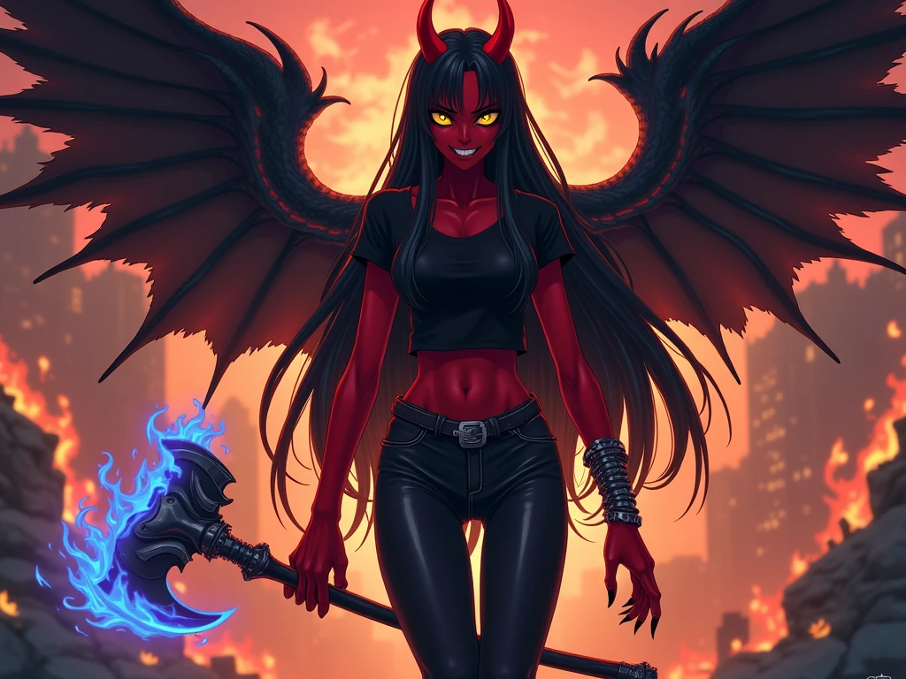 trickywi, long hair, animal ears, tail, pink hair, wings, horns, dark skin, hair over one eye, dark-skinned female, demon wings, dragon wings, low wings, (yellow eyes:1.5), navel, cleavage, bare shoulders, jewelry, medium breasts, collarbone, choker, bracelet, bandages, bandaid, sarashi, bandaid on leg, naked bandage,<lora:trickywi-lora-nochekaiser:1>