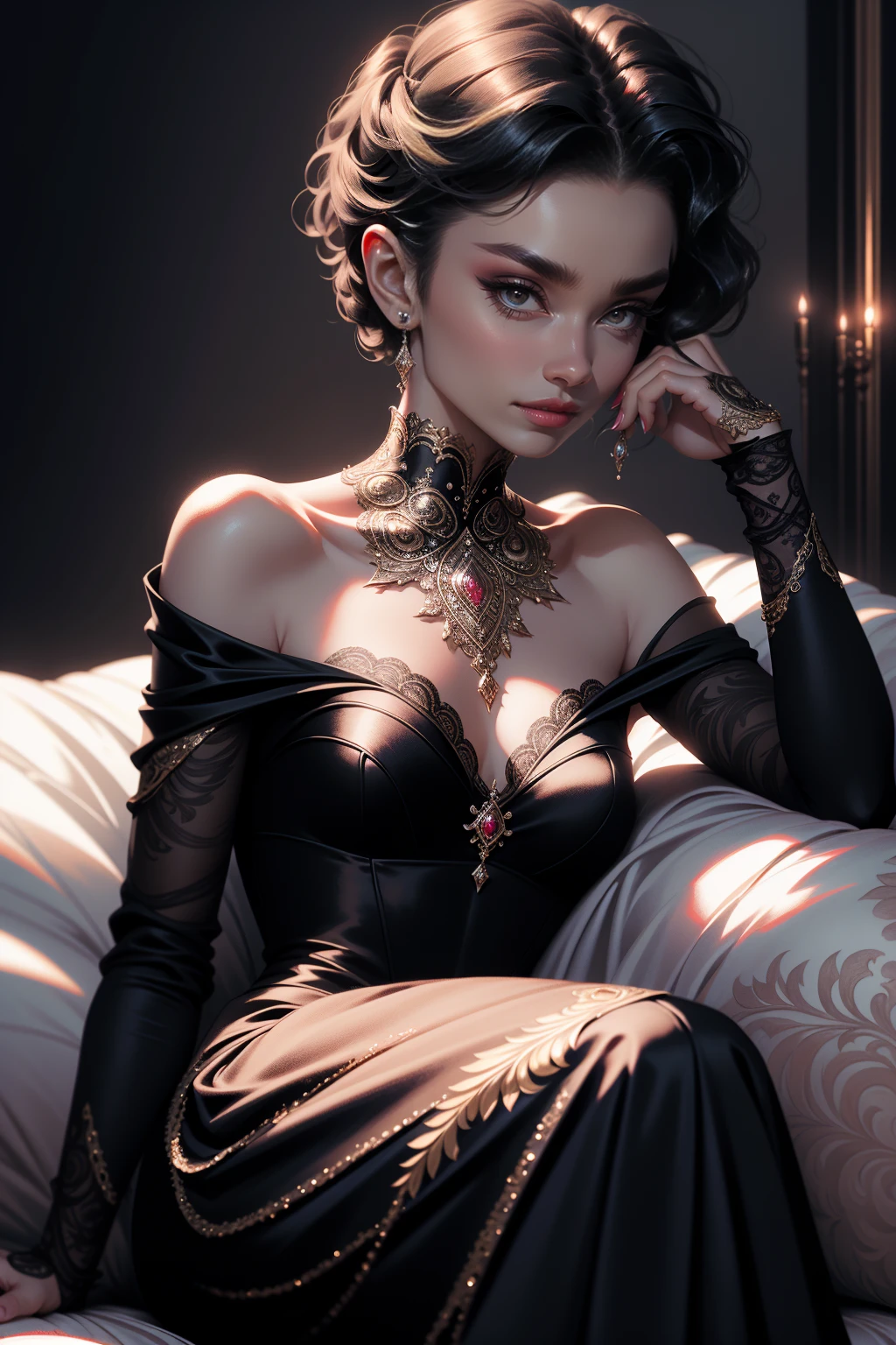 (Masterpiece - Ultra-Detailed, High Resolution) Prepare to be enchanted by a true masterpiece that combines ultra-detailed art with high-resolution rendering. This work shows a mesmerizing woman, with short, black hair, 1928s style, Audrey Hepburn (1.3) and captivating dark brown eyes (1.2), New York illustration style, wearing red lipstick, emanating an aura of elegance and mystery. Wearing classic victorian dress 1928s clothing. Intricate details and realistic textures invite you to explore every aspect of this enchanting composition. Black dress. reading, writing, walking, backwards, lying down, standing, dynamic poses, mouth closed. Different posture , dynamic poses, mouth closed. Different posture, with chin resting on shoulder. Perfect fingers. Get ready to dive into a world where beauty and craftsmanship merge perfectly.