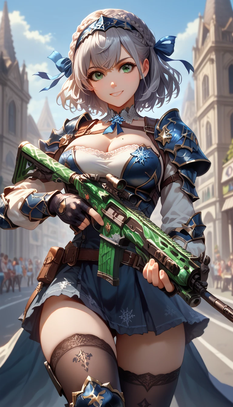 ultra-detailed, 1girl, solo, shirogane noel, (masterpiece)), (best quality), (highres), 16K, braid, french braid, green eyes, grey hair, hair ribbon, ribbon, short hair, snowflake choker, wavy hair, mole, mole on breast, armor, black gloves, black thighhighs, fingerless gloves, gloves, headband, long sleeves, thighhighs, zettai ryouiki, knee pads, busty body, large breasts and a beautiful ass, showcasing cleavage, legs, hips, (holding assault rifle), looking at viewer, detailed face, smile, detailed hair, detailed full body, street background