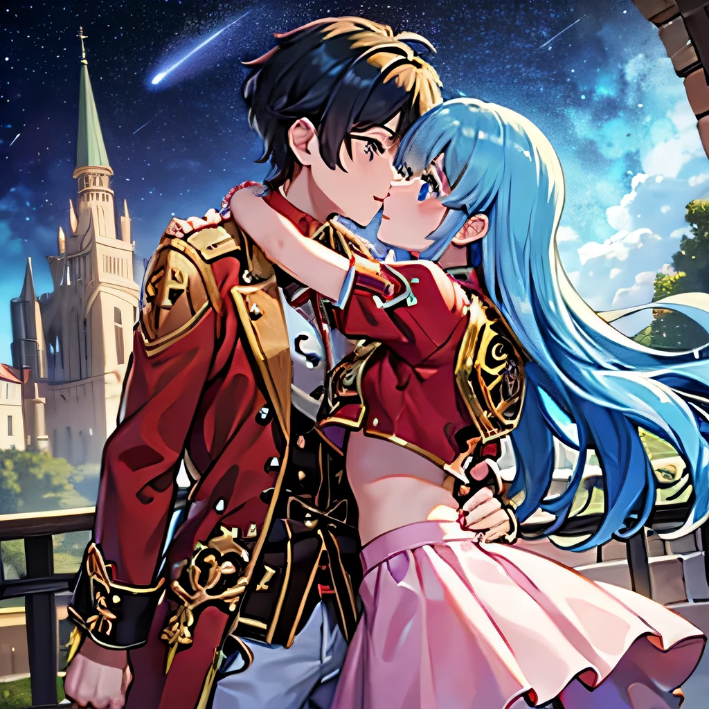 A girl with blue eyes and light blue hair, red blouse with gold plates on her body, pink panties, a gold bracelet and white skirt affectionately kissing a boy with short black hair on the lips, ojos marrones, lentes, red jacket with a night castle behind them and shooting stars in the sky