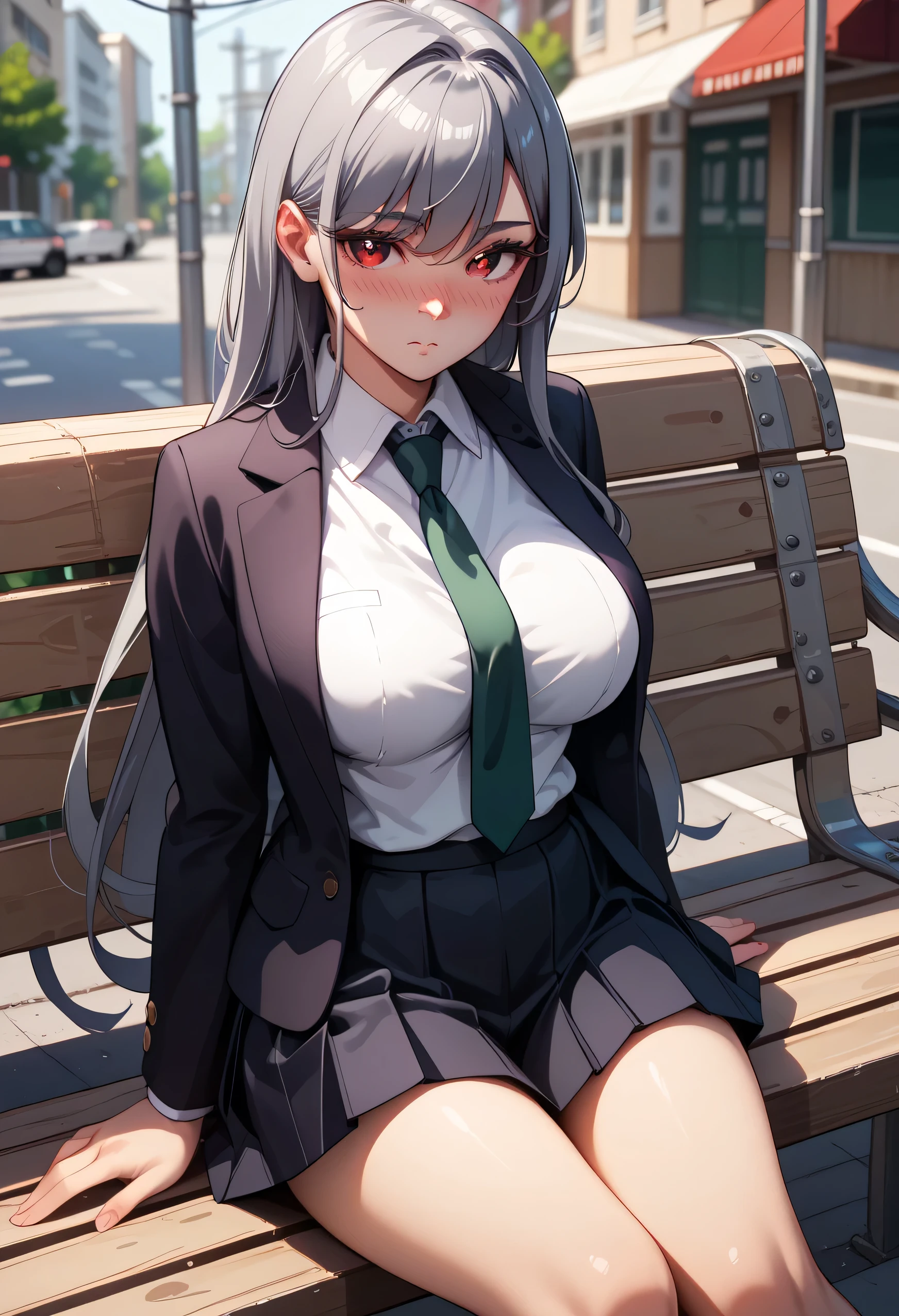 score_9, score_8_up, score_7_up, source_anime, anime girl wearing a school uniform, collared shirt, green necktie, black jacket, long sleeves, black skirt, pleated skirt, brown pantyhose, black footwear, loafers, jacket, blazer, pretty, curvy, nano_eiai, red eyes, grey hair, long hair, large breasts, fair skin, nose blush, sitting on a street bench, alone, at dusk, drawn in an anime style