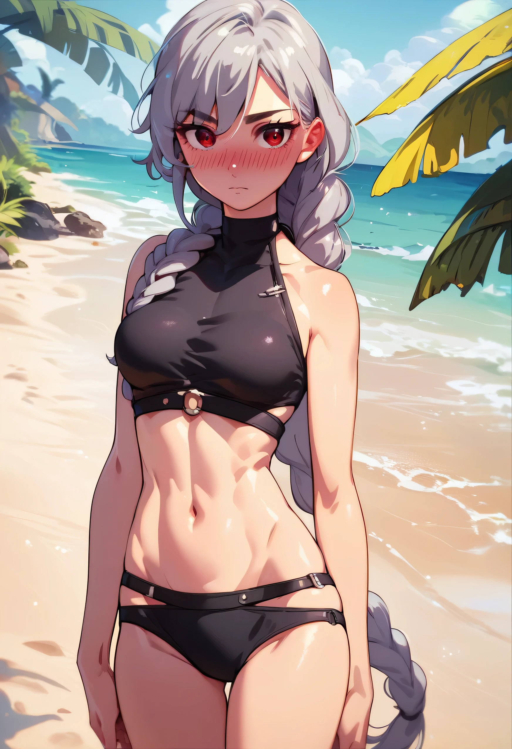 score_9, score_8_up, score_7_up, source_anime, 1girl, solo, outdoors, beach, cowboy shot, standing, looking at viewer, shiny skin, nano_eiai, red eyes, grey hair, long hair, braided ponytail, black bikini, halterneck, center opened, groin, midriff, nose blush