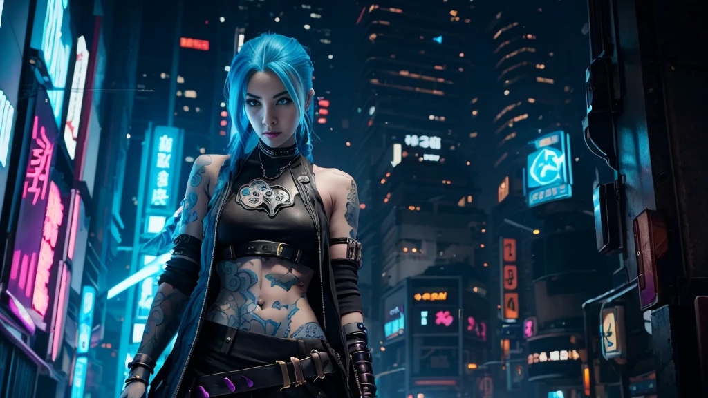 jinx arcane, a woman with blue hair and tattoos, cyberpunk woman anime woman, pants, beautiful angry cyberpunk goddess, cyberpunk art style, cyberpunk anime digital art, cyberpunk anime art, Arcane Jinx Portrait, cyberpunk anime art, cyberpunk themed art, cyberpunk dark fantasy