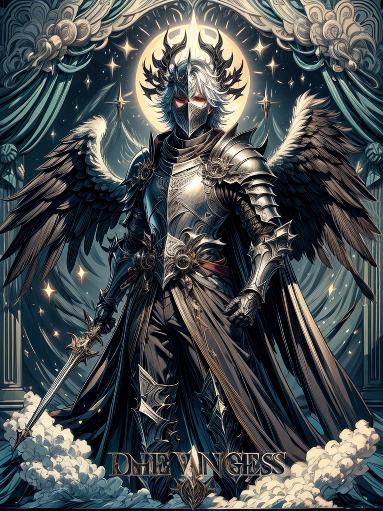 Masked male Knight Angel of Darkness with moonlight in the background