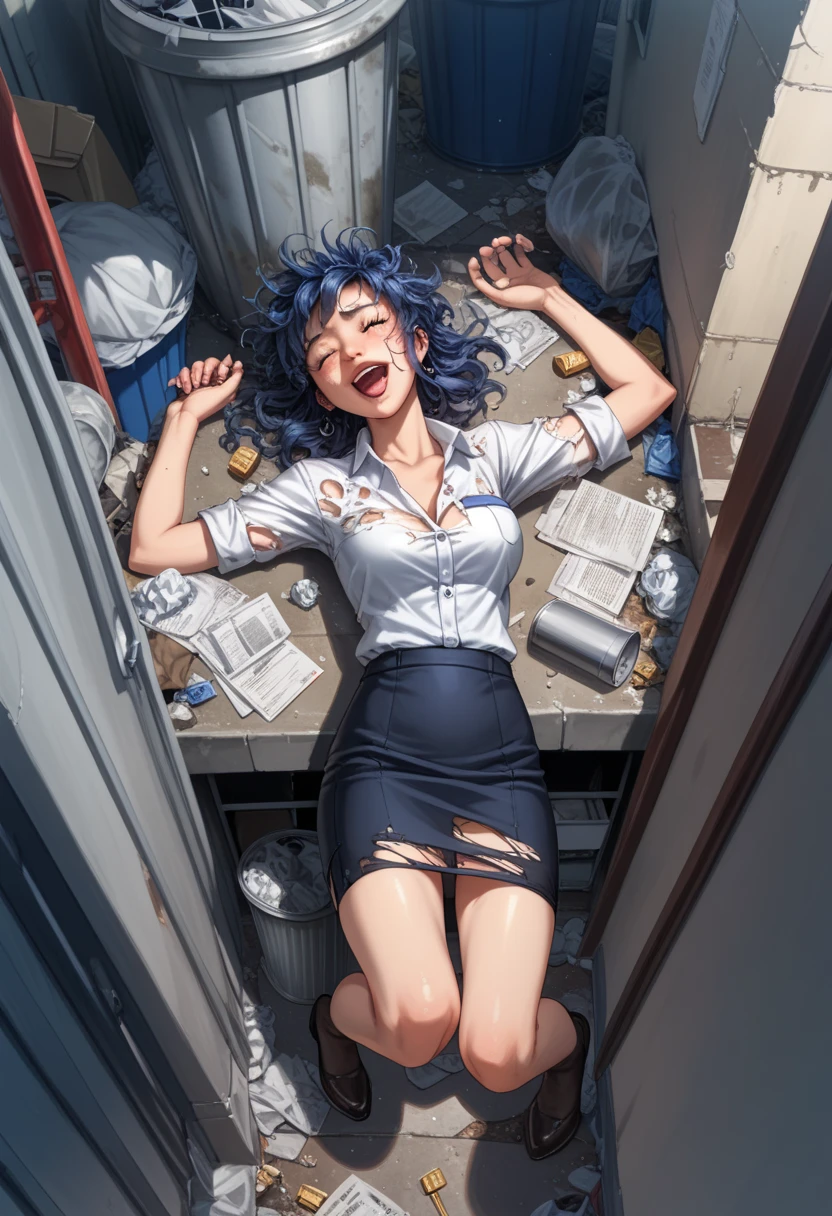 score_9, score_8_above, score_7_above, score_6_above, score_5_above, score_4_above, source_anime, Solo Focus,  office girl ,  eyes closed, drunk, drunk girl,  Open mouth, Drilling, fainted, (Fall ), top-down bottom-above, (( inside the trash can)),  Misaligned clothes ,  raised skirt,  Messy hair, dirty clothes, torn clothes, (midnight), (( Time of Night )), dim light, alley, white,  dramatic angle