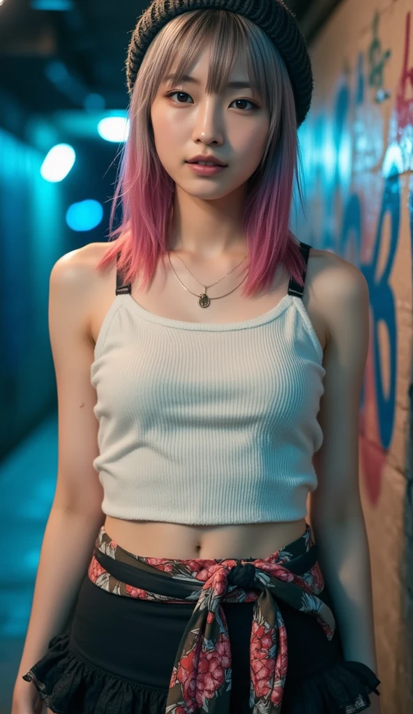 girl 21 years old, short shoulder-length hair, pink hair ,  black jacket, very short skirt black, 