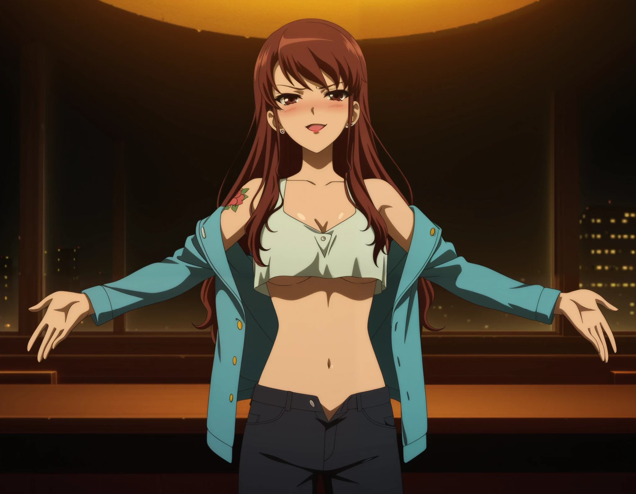 1girl,  medium breasts, akazawa izumi, brown hair, long hair, brown eyes, (anime coloring:1.5), ear piercing, long hair, blush, lipstick,Hot girl, baddie, smoking, bad attitude, mean girl, sensual, attractive, bar background, inside bar,indoors, cityscape, building, nightclub, city lights, quality,4k, bare shoulder,belly,crop top,holding pistol,cleavage, unbuttoned shirt,shirt, knot, indoor,smile, open mouth, (nsfw) not safe for work, evil expression, exposed belly, exposed navel, exposed midriff, exposed lower belly, crop top overhang, underboob,jacket, unbuttoned jeans , low rise black jeans, Low rise jeans, Low rise jeans with open fly, tattoo on body, flower tattoo, dragon tattoo, , shiny skin,open arms sideway, arms T-pose, smirk, standing, anime girl T posing