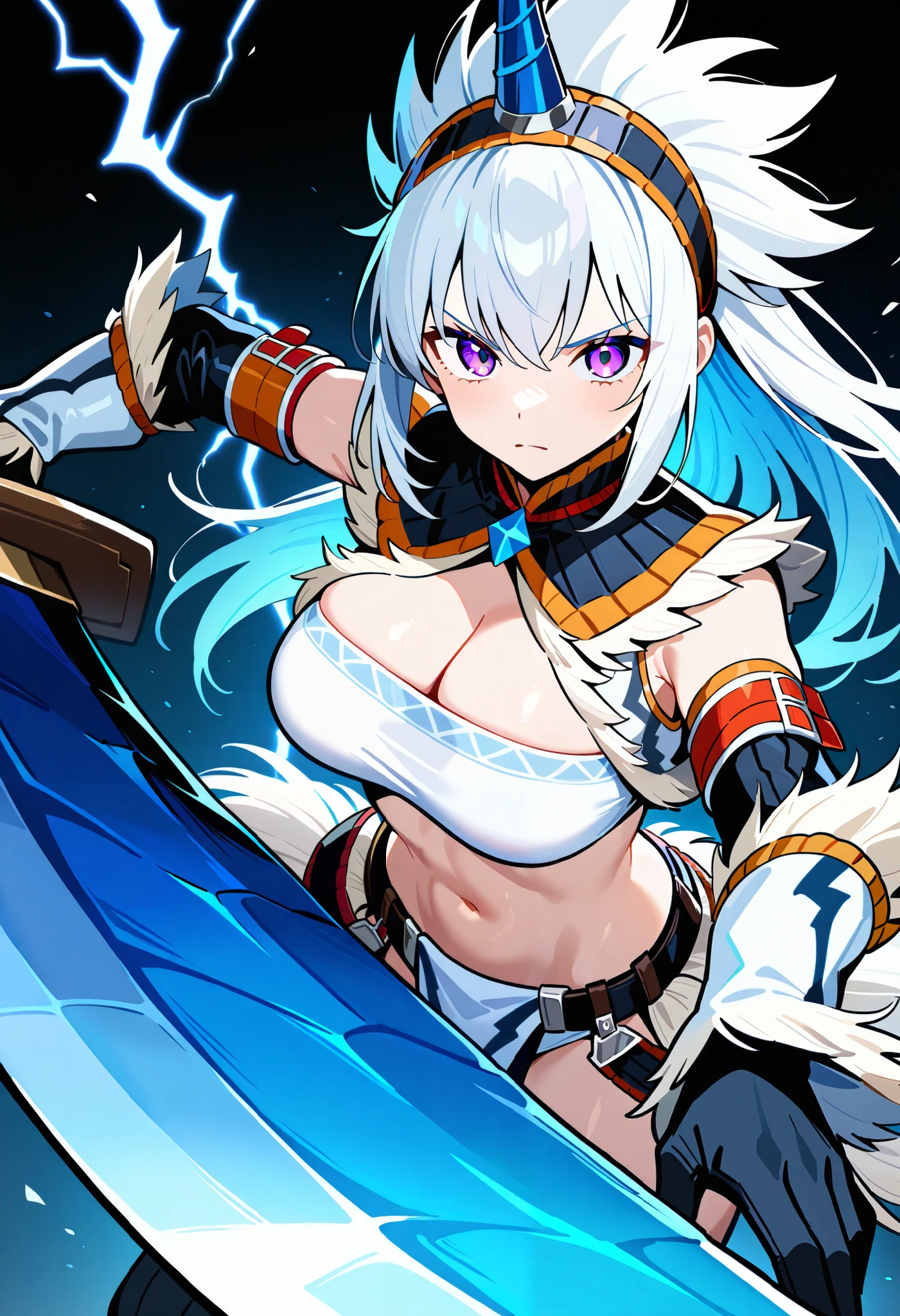 1girl, monster hunter\(character\), monster hunter\(series\). An illustration of a girl with white hair and purple eyes. She is wearing a white tube top. She glares at the man and slashes at him with his sword. sensitive, close-up, foreshortening, looking at viewer, breasts, kirin\(armor\), holding sword, incoming attack, raised eyebrows, serious, lightning, black background, masterpiece, best quality, very aesthetic, absurdres