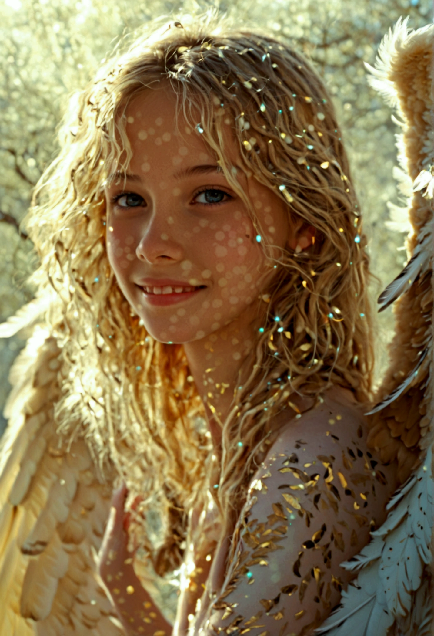 absurdities, High resolution,, (1 girl, Alone), large eyes,, urban landscape,, (Effects of water, Light effects, Fluttering feathers:1.2),naked