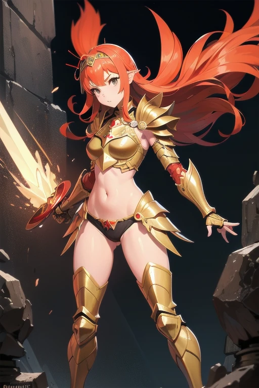 Dragon slayer, glowing white armor, woman, holding golden spear, fighting stance, light armor, orange hair, rocky terrain, sunlight, black bikini underneath, angle, glowing wings, beautiful legs