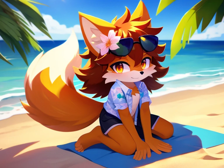 Furry boy, cute fox, thick hair, flower hair, detailed body, open shirt, shorts, beach background, sunglasses, bright eyes, best quality, high resolution 