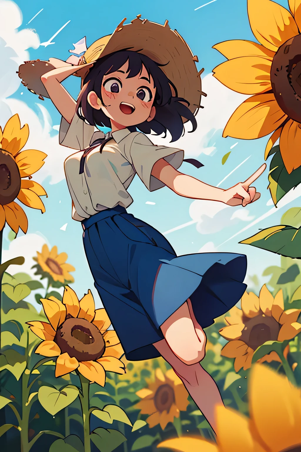 uma , com cabelos castanhos, olhos castanhos, vestido medieval, sardas no rosto, Skate;, loves sunflowers, sorridente, standing pose, folha de caracteres, different angles