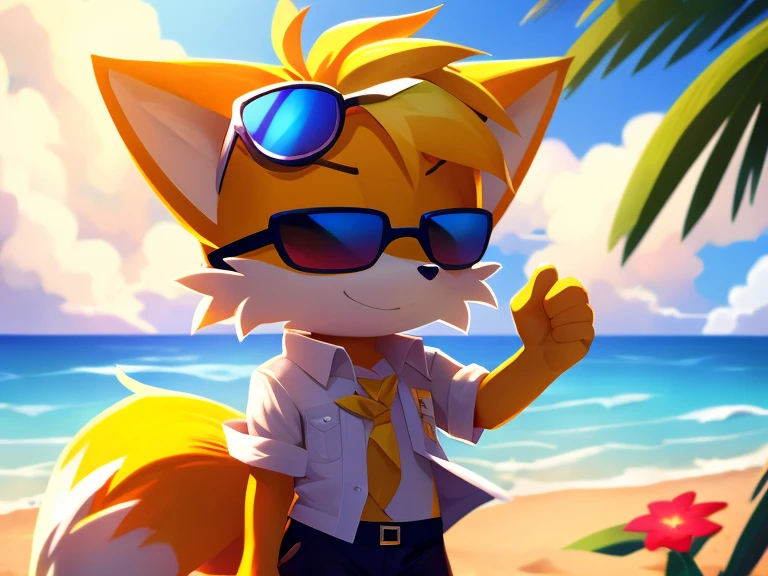 Fox Tails Yellow Short Hairstyle Detailed Body Open Shirt Short Pants Beach Background Flower Hair Sunglasses Luminous Eyes Best High Quality A Masterpiece of Art 