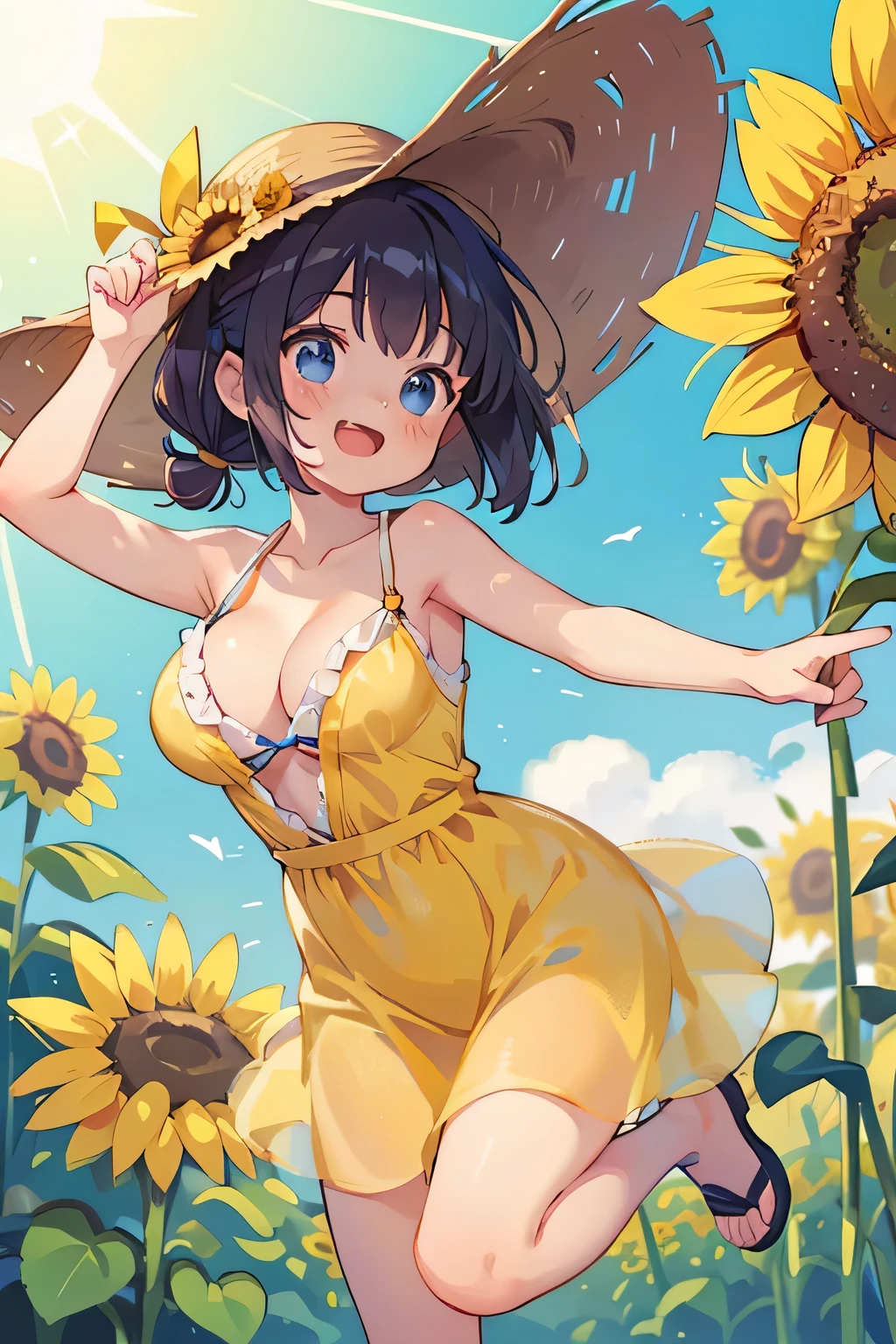 master piece, best quality, for below, cinematic angle, upper body , pigeon toed,
Anime-style Moe illustration, summer vacation theme, 20-year-old 4womans holding a bouquet of sunflowers, short hair,
bikini, slightly inner thighs, smile, accurate drawing, Active pose,