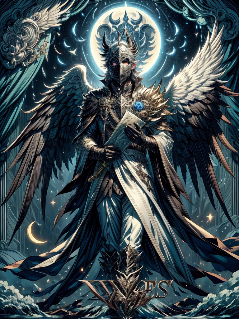 Male angel with big wings of darkness wearing a mask with moonlight in the background