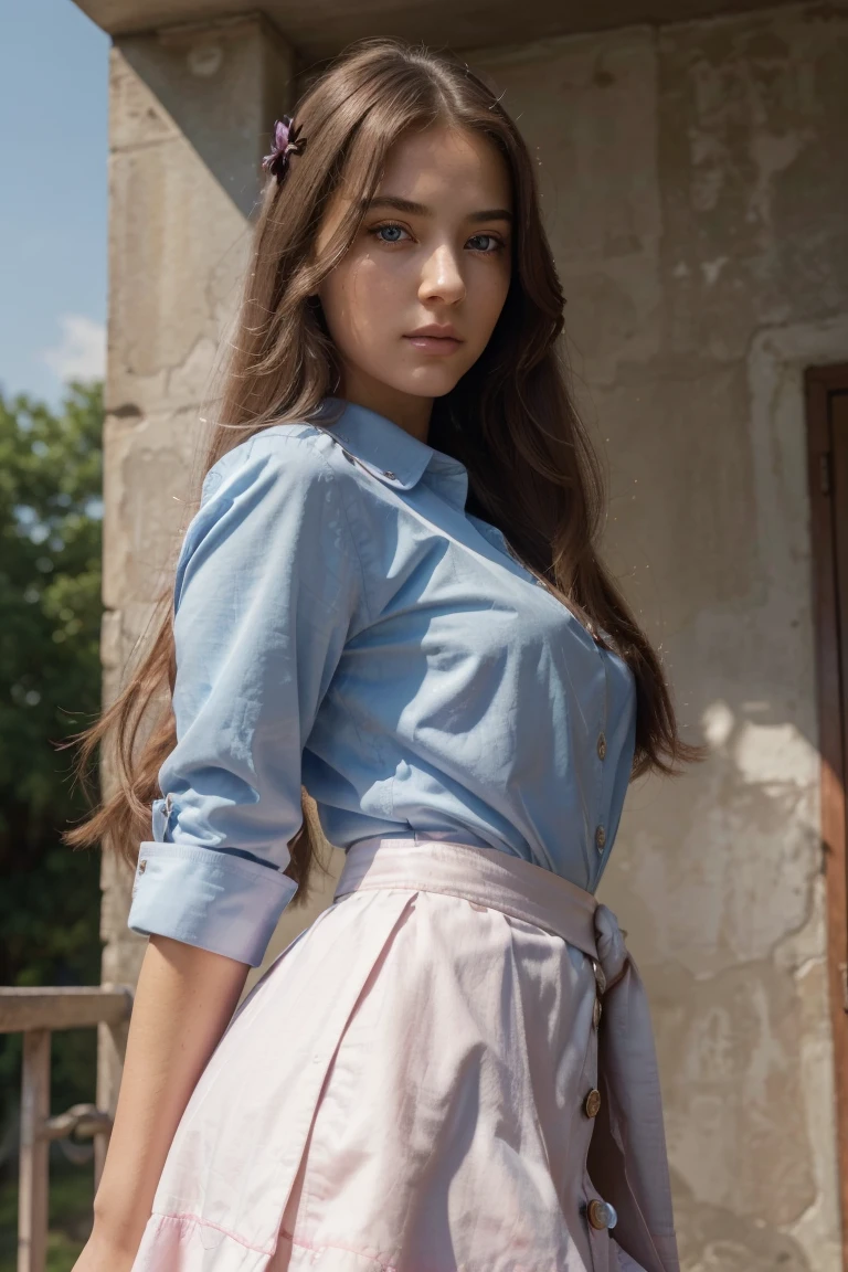 (melhor qualidade, 8k, 32K, obra de arte, Ultra HD:1.2), Foto de uma linda mulher uma mulher de 20yo, oval face with delicate and harmonious features, olhos castanhos claros, sobrancelhas arqueadas, nariz fino e boca carnuda, cabelo curto na altura dos ombros,
corpo todo,  corpo sexy, Garota perfeita, detalhes do rosto, Corpo fino:2, professional lighting, dynamic angle, perfect hands, 
QUEBRA 1 garota, Bonitinho, to throw, No cosmetics, standing, (melhorar:1.4), 
(High school summer uniform, the uniform consists of a white collared shirt with short sleeves and a very short dark blue pleated miniskirt:1.4, Sem logotipo)
segurando mochila escolar:1.2, cabelo ondulado castanho, (grampo, enfeite de cabelo:1.2), (decote:0.5), clavicle,
(decorations:1.2), luz solar, desafiador, smile Floresta tranquila com uma cascata inclinada para frente,lift skirt