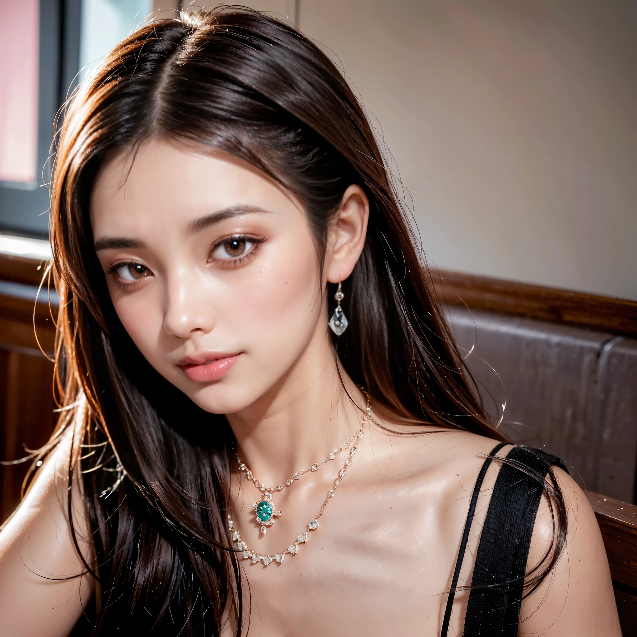 ((((Highest quality))))、(((Ultra-precision CG16K wallpaper)))、(((masterpiece)))、(((Very detailed)))、(((Extreme detail)))、1people々'woman、成熟したwoman、24歳のwoman、((The Face of Japan))、((Very beautiful face))、((beauty:1.5))、((Straight semi-long hair:1.3、Blunt bangs))、(Shiny brown hair)、Beautiful and delicate eyes、Brown eyes、Raise your eyebrows、High nose、Small nostrils、Small Mouth、Seductive lips、Beautiful breasts、((C cup size breasts))、Cleavage、Plump body、(Chubby body type)、Perfect proportions、Perfect Anatomy、Perfect composition、Beautiful subtle shadows、美しいNatural light、Beautiful details sparkle、Written boundary depth、(((High chroma)))、(((Genuine:1.9)))、((Vivid:1.5))、((horn:1.6))、((Beautiful Skin))、((Skin Texture))、((Genuineな皮膚感))、(((Bust Shot:1.5)))、((正面から見たhorn度:1.6))、((A shy smile:1.5))、(The eyes that see me:1.5)、Daytime coffee shop、Dazzling sunlight、Natural light、(((Coffee Shop Table:1.6)))、(Sitting pose:1.5)、(((Mint green ruffled blouse:1.6)))、((Earrings、Wearing a necklace:1.3))、