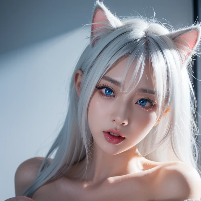 10-year-old girl、Baby Face、Classmate、whole body、(Fur coat、White tiger fur、Black and white tiger striped fur、Fluffy fur:1.5)、Small breasts、Small breasts、Pink nipples、smile、bangs、Long Hair、(White Tiger、Fox Ears、Silver Hair、Crystal clear hair、Smooth Hair:1.5)、Sexy pose、The light illuminates my hair、Light Hair、Silky Hair、Shiny Hair、Slim body、RAW Photos, (Highest quality、masterpiece、Realistic photo:1.2)、Dramatic lighting、Bright lighting、Super detailed、Realistic skin texture、Beautiful eyes in every detail、Blue colored eyes、Land of Ice、Rime on trees、Arctic、(Detailed Background、Depth of written boundary:1.2)、