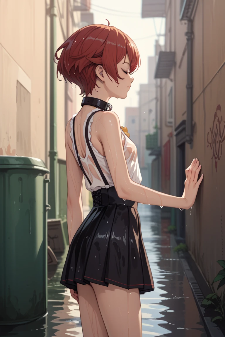  a girl,   simple background  ,   Closed mouth  ,   eyes closed  ,   very detailed  ,   short hair,   Black Mini Slim Fit Skirt, fitted black collar  , Brajas Negras  , alley, wet, Alone,  From behind ,  From the Side , 