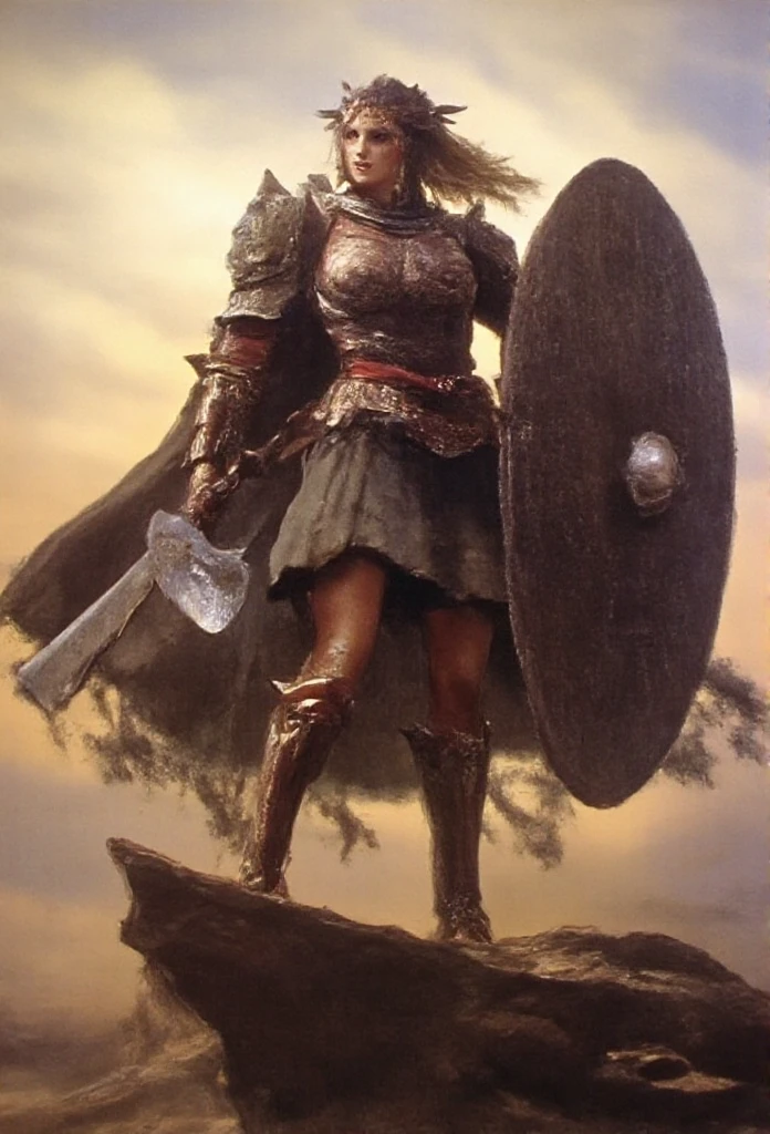 ((masterpiece)) ((oil painting)) ((Highest quality)) a painting of A fierce female warrior standing on a cliff, wielding a large battle axe. She is wearing spiked armor and holding a giant shield, the size of which is almost as large as her body. Her cape is billowing in the wind, and her long, wavy hair flows dramatically behind her. The warrior has a determined expression, her stance strong and commanding, with a dramatic sky in the background, highlighting her imposing presence in this epic fantasy setting.