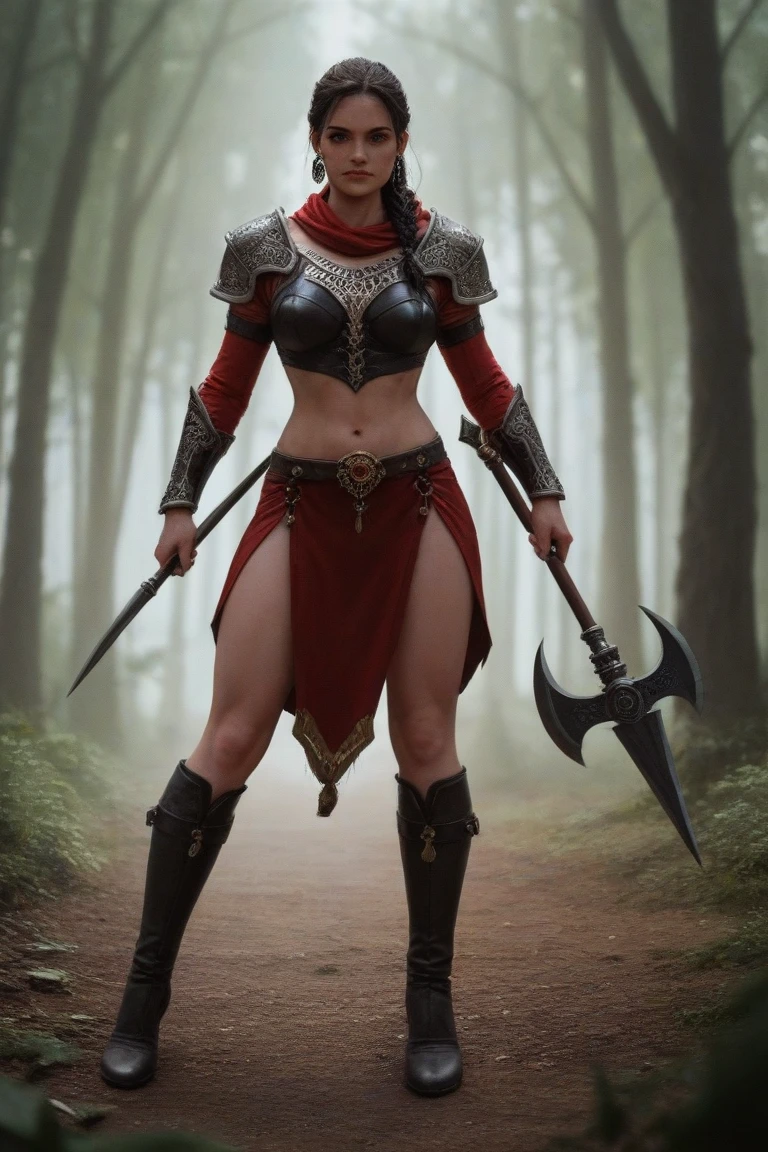 In front of us stands a beautiful, confident brunette with long, dark hair and an intense gaze. She wields two ancient axes, each a mythical artifact forged in legendary smithies, revered by powerful beings and gods. These axes amplify her presence, adding both allure and a formidable edge.Her tight black and red leather outfit accentuates her figure, embodying both power and sensuality. The minimalistic attire includes a short top and decorated shorts, with long bracers and knee-high boots featuring red accents that enhance her warrior aesthetic.Each axe has a massive, curved blade of dark metal with a graphite sheen, inscribed with ancient runes that emit a subtle mystical glow. The runes seem alive, flickering with hints of blue and red when light strikes them. The dark wood handles are smooth yet textured, featuring engravings of mythical battles and creatures. Wrapped in leather with red accents, the handles end with metal caps shaped like claws, emphasizing the axes' fierce, ancient power.Beside her stands a sleek black panther, muscular and calm, with a piercing gaze that conveys loyalty and strength. The panther is her silent protector, adding a mystical, dangerous atmosphere to the forest setting. Together, they embody a powerful harmony between beauty, strength, and the untamed forces of nature.