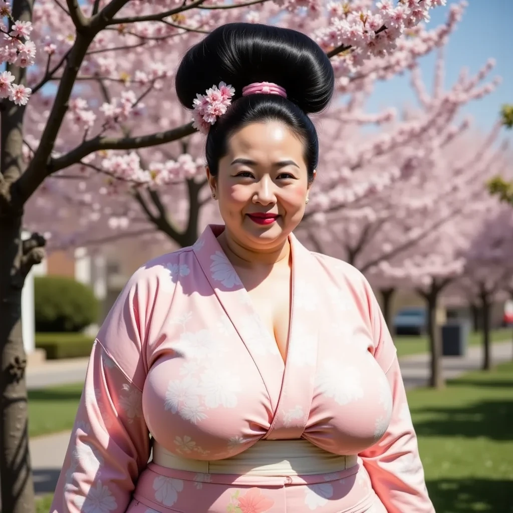 8k,Highest quality, masterpiece, Ultra-high resolution,(masterpiece:1.6, Highest quality), Intricate details, 1 male)),(( unraveling a mature woman's huge hair bun.:1.5)),(( under a cherry tree :1.2)),Middle-aged woman in her 50s, japanese, full body, ((leaning foward, dynamic pose:1.3)),top of head,((A gigantic hair bun, A huge hair bun:1.5)), ((jet Black Hair)), ((forehead:1.5)),fat ,((huge breasts, gigantic breasts:1.5)), ((super Saggy breasts:1.5)), ((pale skin, shiny skin, red lips)),(( pink floral kimono , cherry blossom hair ornament :1.5))