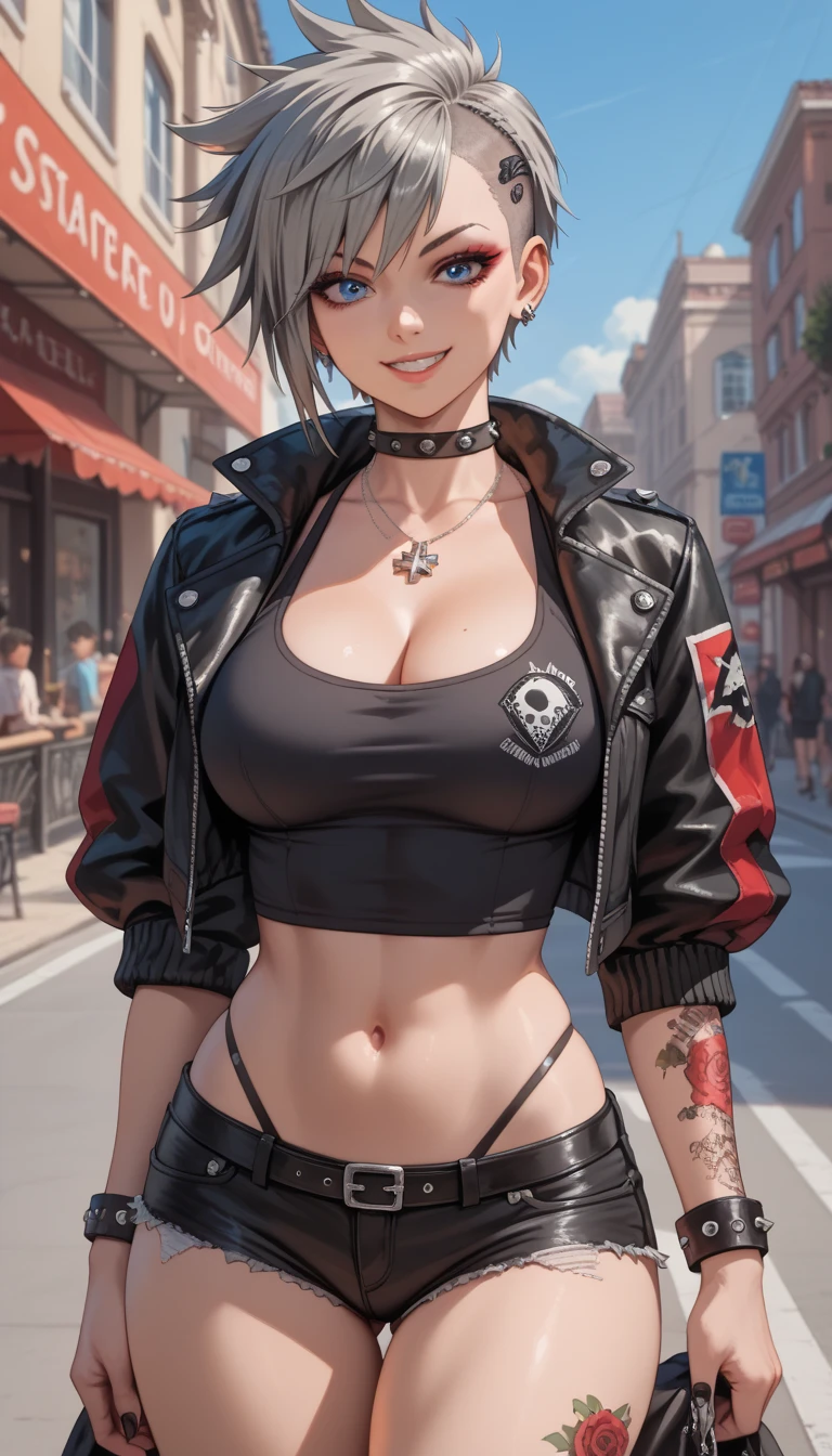 ultra-detailed, 1girl, solo, (masterpiece)), (best quality), (highres), 16K, grey hair, blue eyes, short haircut, punk rock girl, red_eyeshadows, jacket, short shorts, black thong, tattoo on leg, large breasts and a beautiful ass, showcasing cleavage, legs, hips, looking at viewer, detailed face, smile, detailed hair, detailed body, street background